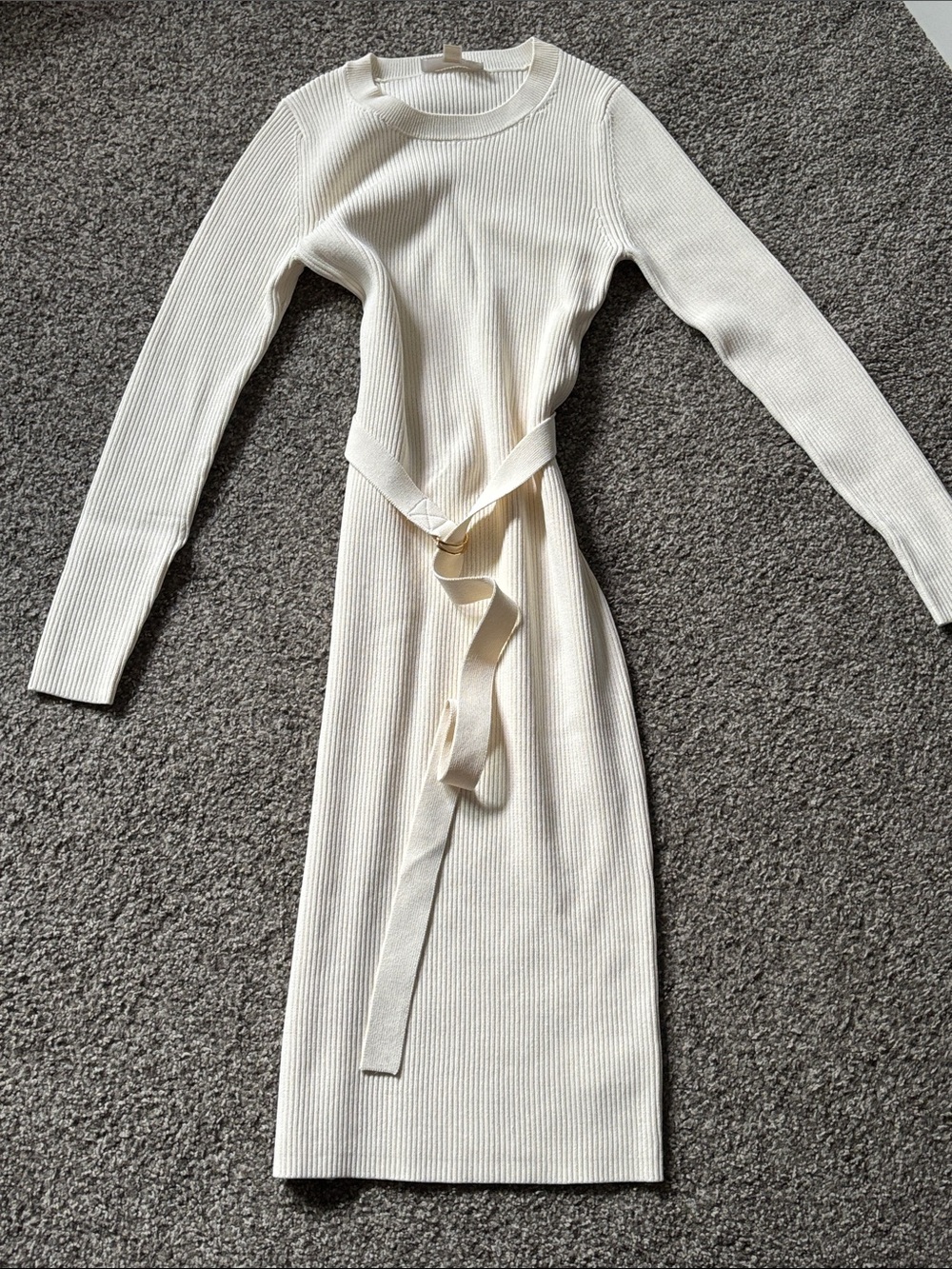 Michael Kors Cream Ribbed Long-Sleeve Midi Dress with Waist Tie